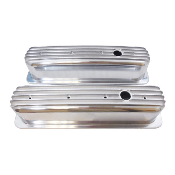 Small Block Chevy Finned Aluminum Center Pull Tall Valve Covers – Polished